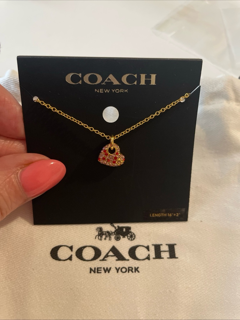 COACH Gold Heart Pendant Necklace with Pink and Red Crystals